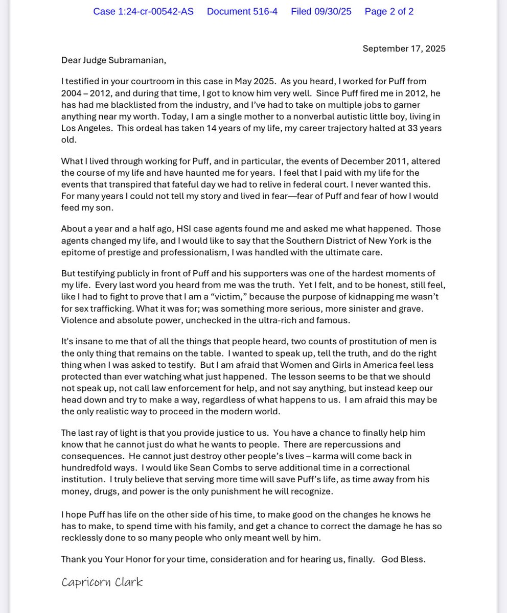 meghanncuniff's tweet photo. Capricorn Clark’s letter to 
Judge Subramanian:

“It’s insane to me that of all the things that people heard, two counts of prostitution of men is the only thing that remains on the tables

The last ray of light is that you provide justice to us.” https://t.co/veZYcIn7aA