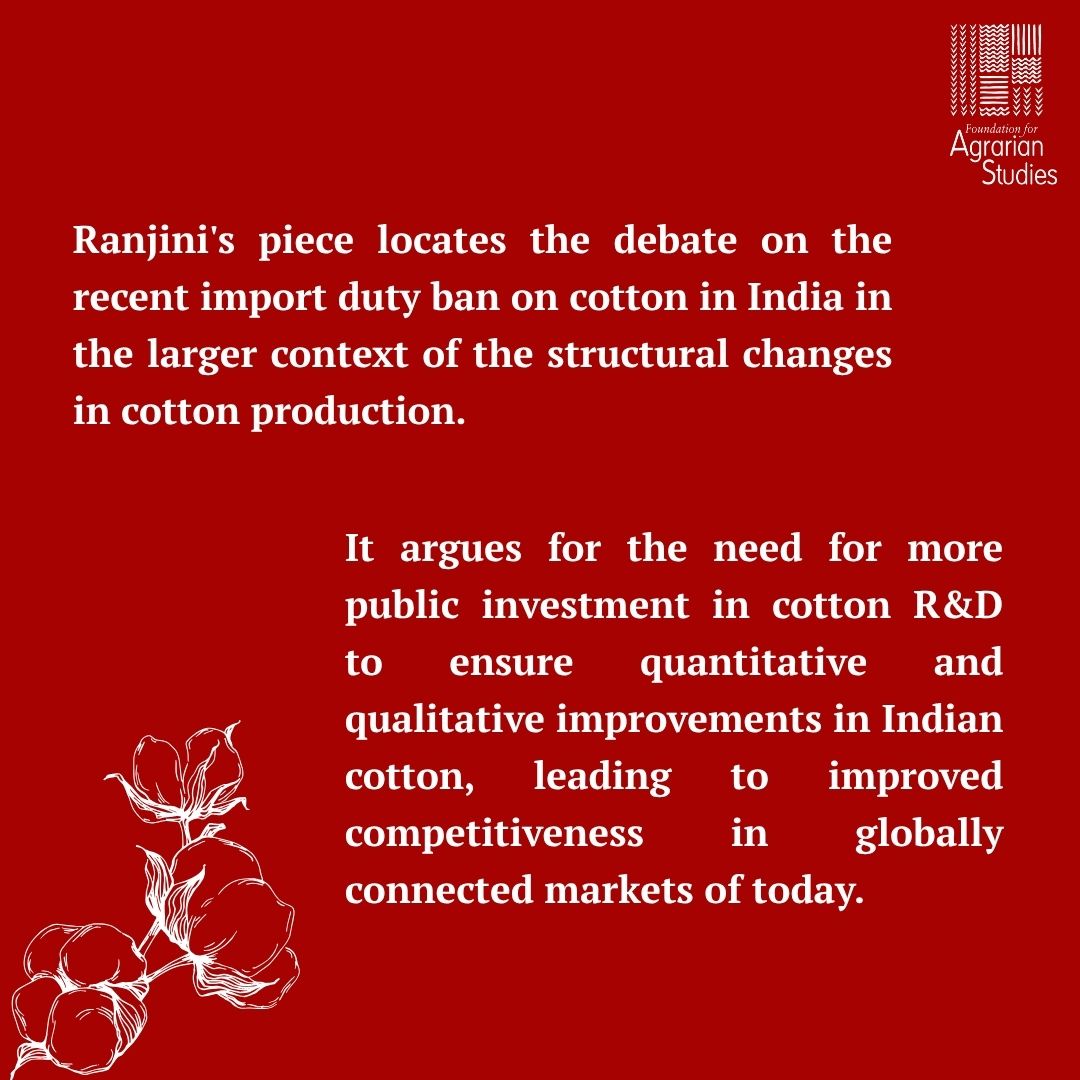 fasagristudies's tweet photo. Dr Ranjini Basu ( @ranjini_basu ), Assistant Professor at RV University, Bangalore, in the School of Economics and Public Policy, and long-time collaborator with the Foundation, recently published an article in the 'Data Point' column of @the_hindu on India’s growing dependence on cotton imports.

Read the news piece here: https://t.co/j4YJptRLTY

Read the RAS article here: https://t.co/o8PIYEme3f