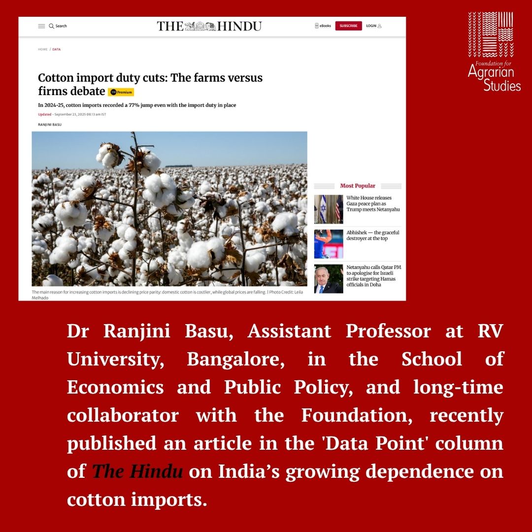 fasagristudies's tweet photo. Dr Ranjini Basu ( @ranjini_basu ), Assistant Professor at RV University, Bangalore, in the School of Economics and Public Policy, and long-time collaborator with the Foundation, recently published an article in the 'Data Point' column of @the_hindu on India’s growing dependence on cotton imports.

Read the news piece here: https://t.co/j4YJptRLTY

Read the RAS article here: https://t.co/o8PIYEme3f