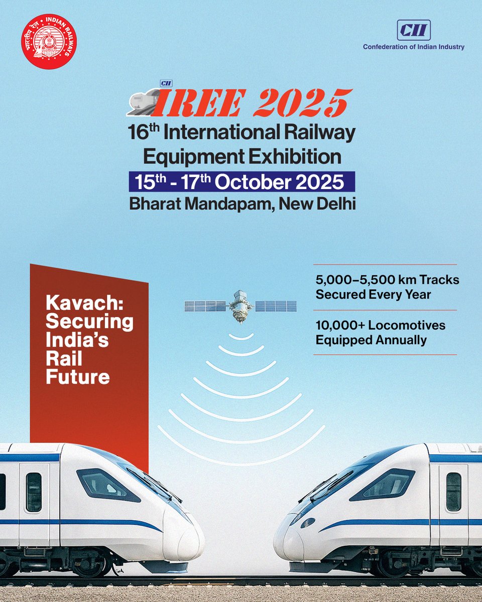 2025IREE's tweet image. Indian Railways deploys Kavach, its own #AutomaticTrainProtection system.

See it at #IREE2025,  Asia's largest and world's second largest exhibition for Railway and Transportation sector.

Oct 15-17 | Bharat Mandapam, New Delhi
Be part of the future.
#IndianRailways #Kavach