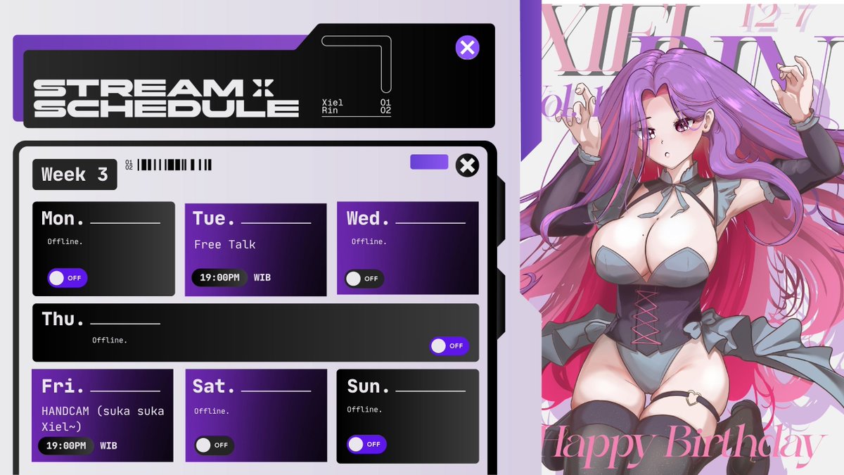 xielrin's tweet photo. 『Schedule』29 Sept - 5 Oct
udah mo masuk bulan spooky halloweennn, mingdep2 horror kaly yeah 

💜# Hashtag # 💜
General : #xirin_
Live : #xirin_live
FanArt : #xirin_art
Fan Name : #Xinting
meme : #xielan
Oshi mark : 🐤💜

#IDVtuber #UprisingVtuber #Vtubers https://t.co/KrKNhCRQuM
