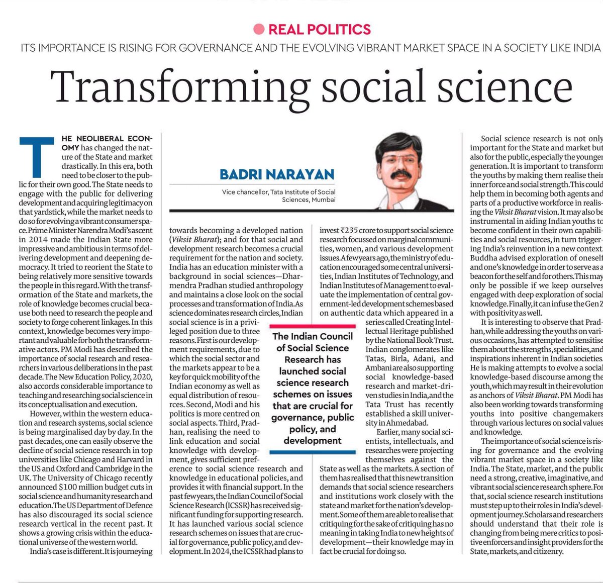 my piece is in financial express today- on new shift in  role of social science research in india and new conditionality for its growth and relevance in india.

⁦<a href="/PMOIndia/">PMO India</a>⁩
 ⁦<a href="/EduMinOfIndia/">Ministry of Education</a>⁩ 
⁦<a href="/dpradhanbjp/">Dharmendra Pradhan</a>
⁦<a href="/FinancialXpress/">Financial Express</a>⁩