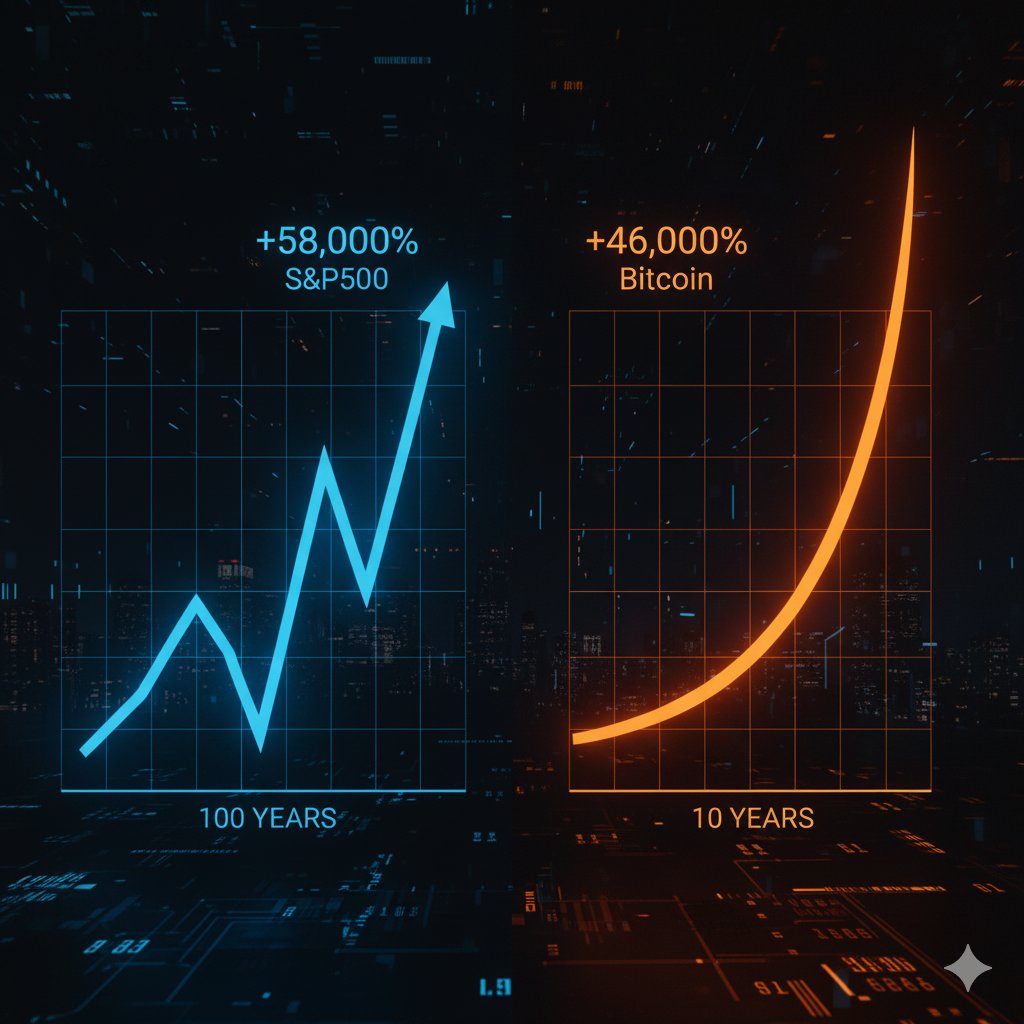 🚨 INSIGHT: The S&amp;P500 grew ~58,000% in the last 100 years.

Meanwhile, $BTC has already surged ~46,000% in just 10 years.

Time horizon matters. One is a century-long marathon, the other a decade-long rocket. 🚀

What happens in the next 10? 👀

#Bitcoin #SP500 #Markets