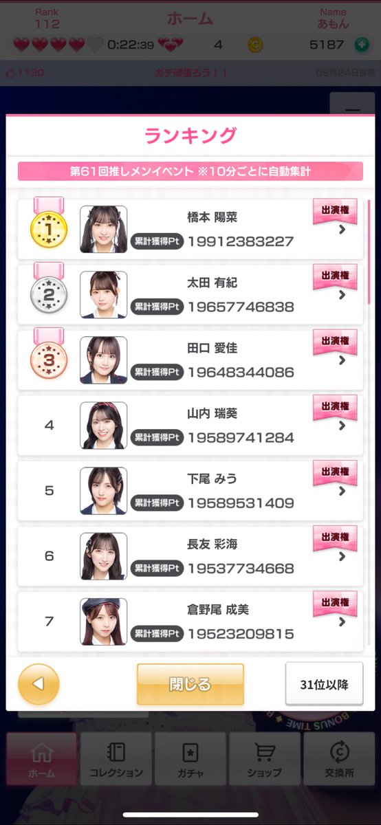 皆さん、どっぼーんお疲れ様でした

47分にみうちゃん抜かせて4位浮上
(1枚目画像)
2枚目は13:58
の後一戦入って
ドロー3×2くらったので
時間内に終わらせる為に、わざとパスしてバーストするという小技
終わらせてランキングも確認しましたが更新されてなかったので最終どうなるか？

 #山内瑞葵