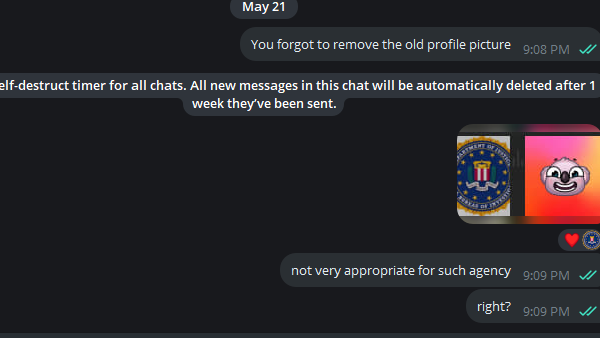 > ' FBI LummaC2 '
> old profile pic a dumb koala 
> message account 
> likes my message 
??