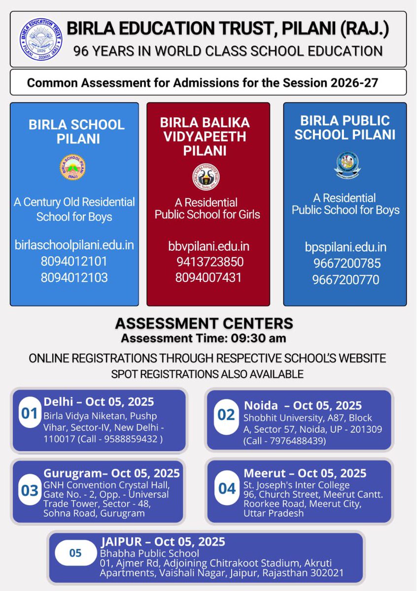 ✨Embark on a legacy of Excellence ! 🌟 
Admissions 2026-27 now open at Birla Education Trust, Pilani.
🗓️ Assessment: October 5, 2025
🌍 Delhi | Noida | Gurugram | Meerut | Jaipur
#admission2026 #BirlaSchoolPilani #ExcellenceInEducation #betpilani #birlaschool #Educationhubpilani