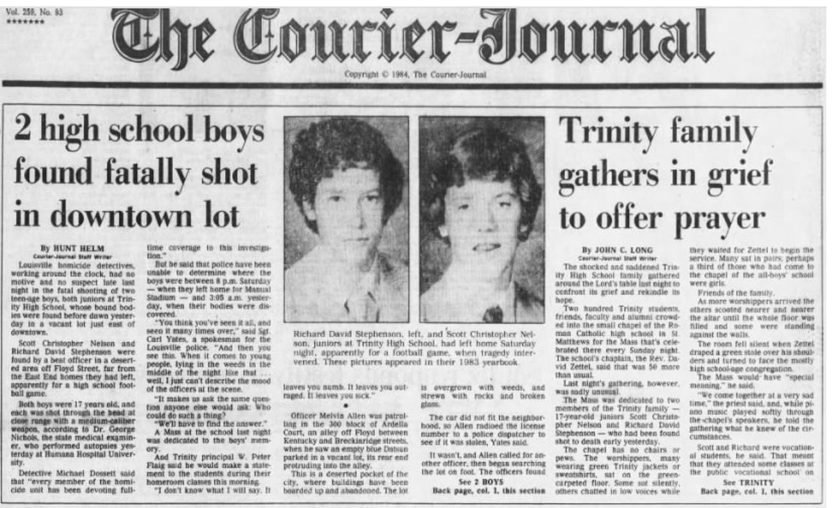 WalkCrime's tweet image. On This Day in Crime History

On September 29, 1984, Louisville was shaken by the brutal murders of two Trinity High School students, Scott Christopher Nelson and Richard David Stephenson.

The teenagers were kidnapped and murdered by Victor Dewayne Taylor and George Ellis Wade.…