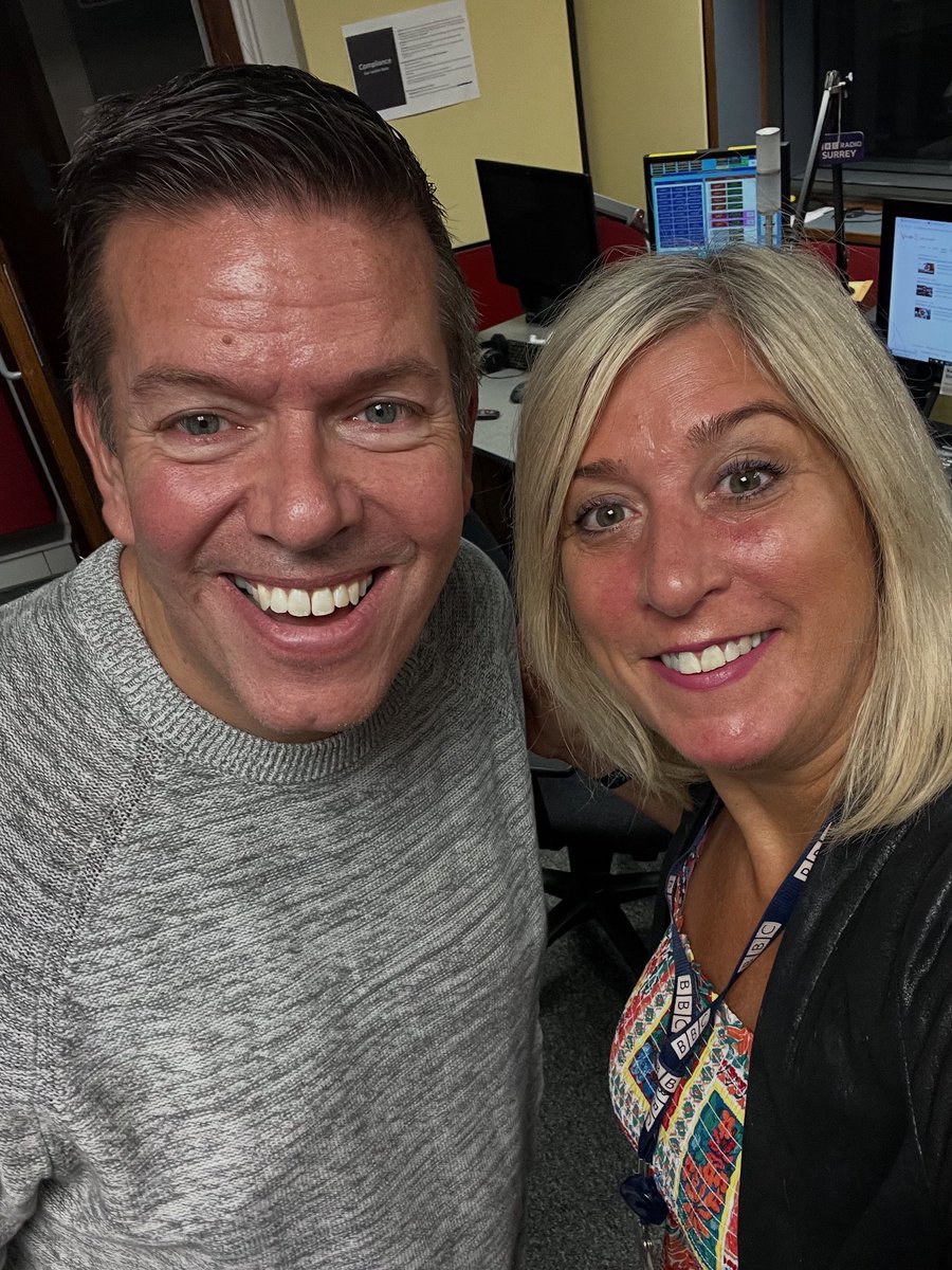 MarkCarterMC's tweet photo. Happy Tuesday! BBC Radio Surrey Breakfast on air until 10 and look at producer Mel’s suntan from her hols! ☀️👏@melmontagnon https://t.co/5uHV5EJAoD