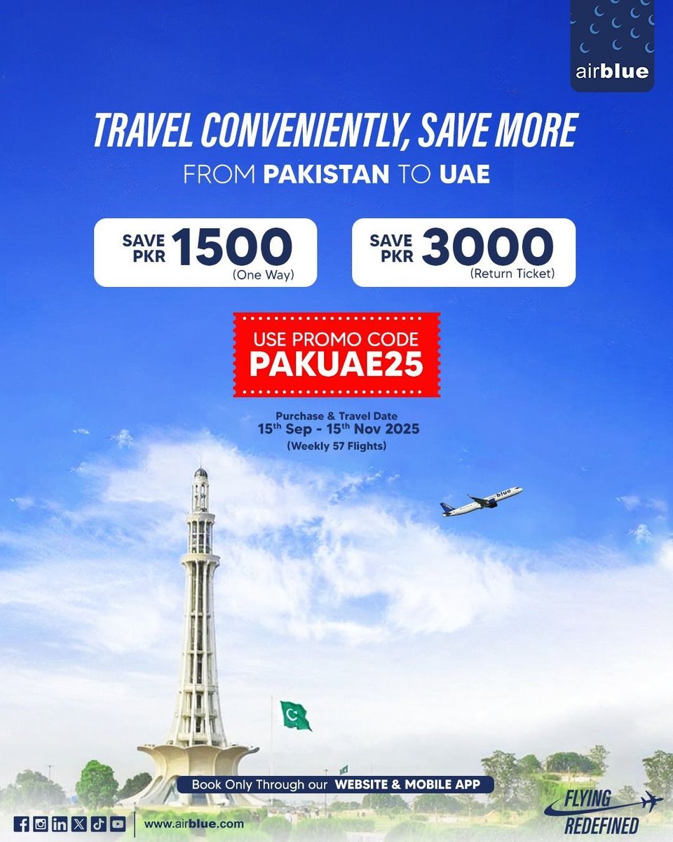 airblueairline's tweet photo. Your UAE trip is now more affordable than ever!
Use promo code PAKUAE25 and enjoy exclusive savings. ✈️💙

Book now via our Website https://t.co/g8VR5u1woG  or download our Mobile App.

#FlyAirblue #FlyingRedefined https://t.co/u3tId5nT7W