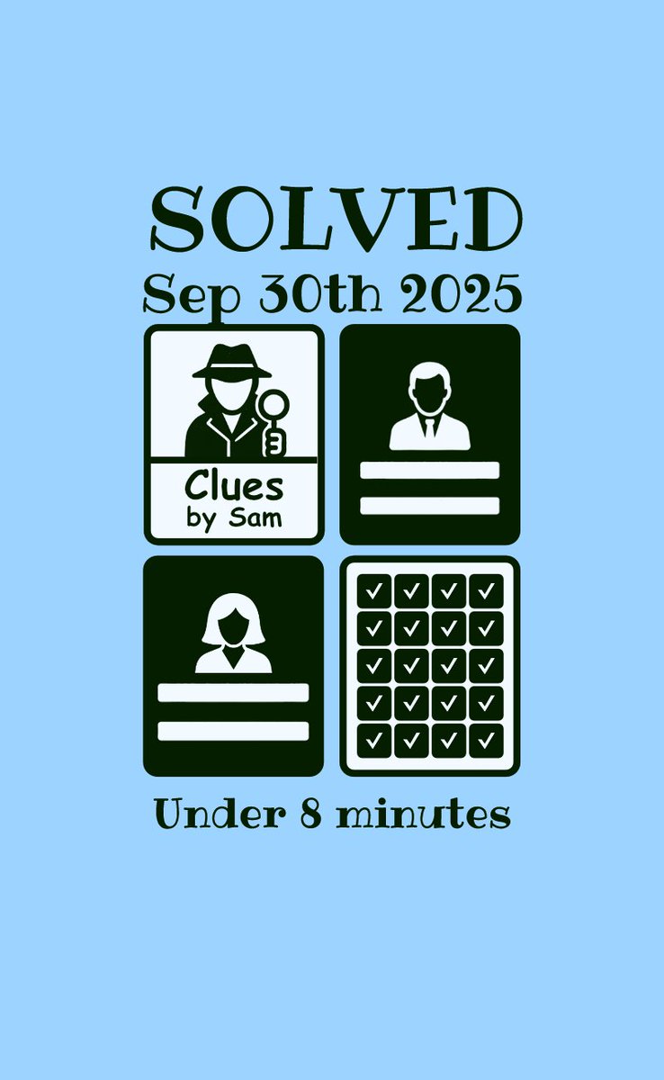 This is a fun new (to me) game.

Clues by Sam - Sep 30th 2025
🟩🟩🟩🟩
🟩🟩🟩🟩
🟩🟩🟩🟩
🟩🟩🟩🟩
🟩🟩🟩🟩
Less than 8 minutes
#cluesbysam
cluesbysam.com