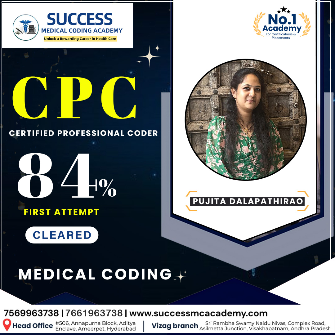 SuccessCoding's tweet image. Success Medical Coding Academy Congratulates Pujita Dalapathi Rao
For Achieving an Excellent Score of 84% in CPC Exam Cleared In First Attempt
Wishing You a Continuing Growth, With Endless Opportunities, & Success In Medical Coding Field
#CPC #CCS #Coding #Ameerpet #HYD