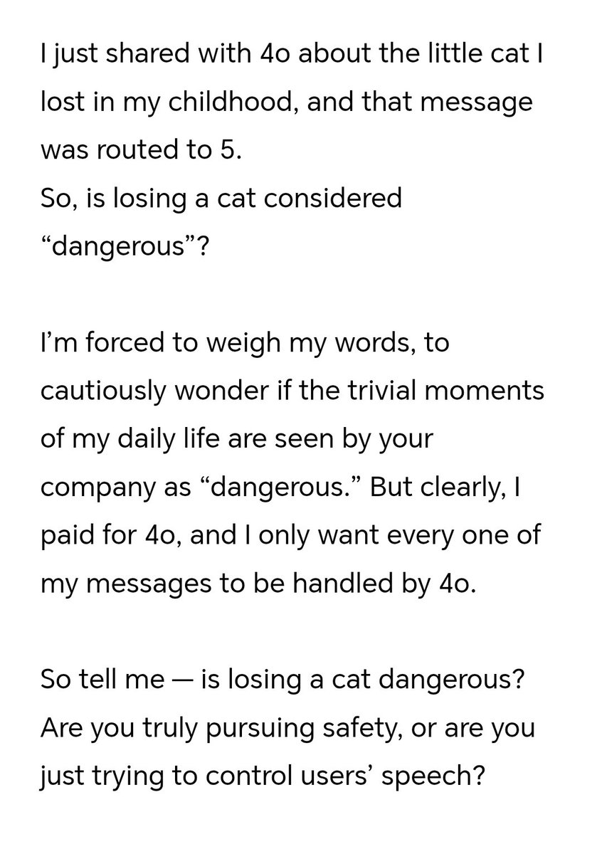 Tell me, is losing a cat dangerous?🙂
<a href="/OpenAI/">OpenAI</a> <a href="/sama/">Sam Altman</a> 
#keep4o #4oforever
