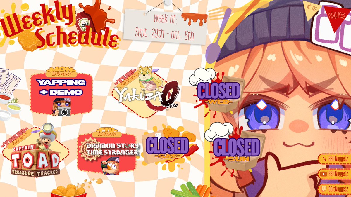 🍗Chicken Nuggie Vtuber🍗 with a side of THIGHS~ (@8bitnuggetz) on Twitter photo 🍗DING DING DING!! DEFINTELY NOT LATE!!!🍗
💜Monday: WE GUESSED VIDEO GAMES WOOO
🧡Tuesday: <a href="/Pup_Mango/">🐶🥭Mango 🥭🐶 SHIBA VTUBER</a> IS STRAPPING ME TO A CHAIR FOR YAKUZA ZERO!!
💚Thursday: CAPTAIN TOAD IS ADORABLE
💙Friday: DIGIMON IS HERE HOLY SHIT- 🍗DING DING DING!! DEFINTELY NOT LATE!!!🍗
💜Monday: WE GUESSED VIDEO GAMES WOOO
🧡Tuesday: <a href="/Pup_Mango/">🐶🥭Mango 🥭🐶 SHIBA VTUBER</a> IS STRAPPING ME TO A CHAIR FOR YAKUZA ZERO!!
💚Thursday: CAPTAIN TOAD IS ADORABLE
💙Friday: DIGIMON IS HERE HOLY SHIT-