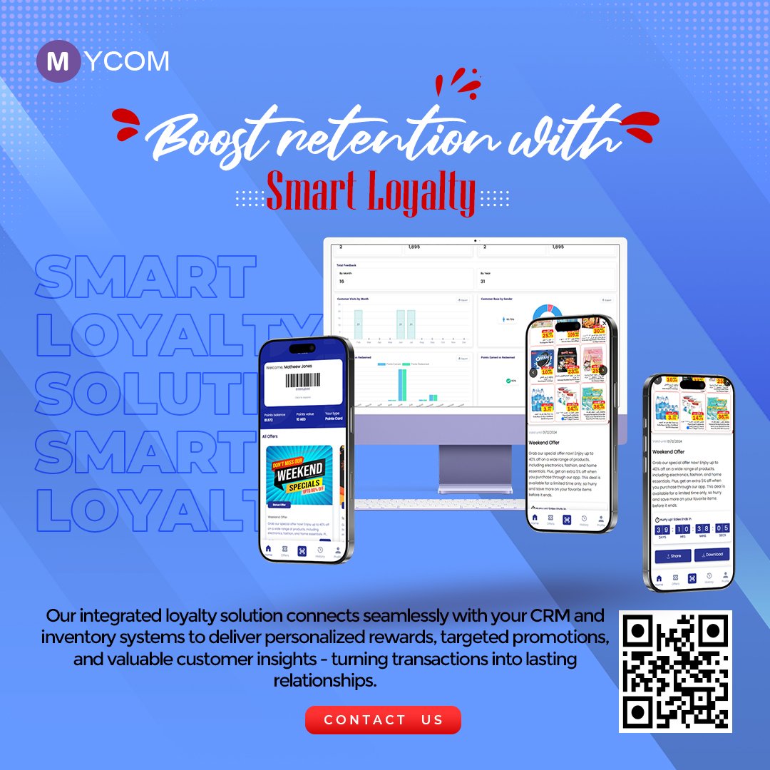 MycomTech's tweet image. Our loyalty solution integrates with CRM and inventory to deliver rewards, promotions, and insights that build lasting relationships.
Contact us to know more. #dubai #dubailife ##dubaibusiness #loyalty #loyaltyapp #loyaltysoftware