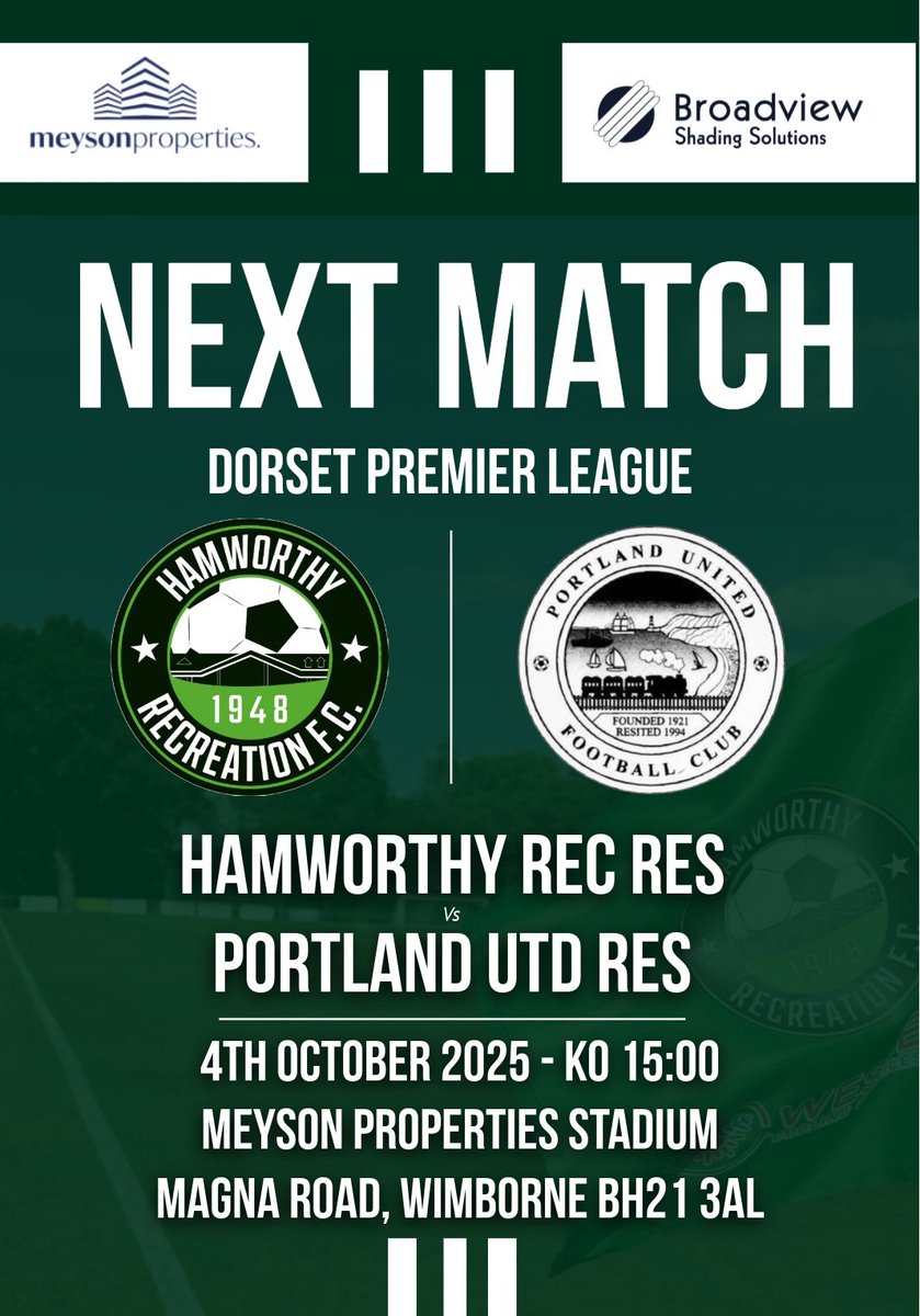 Ham_RecFCRes's tweet photo. NEXT UP 

This weekend we are at the Meyson Properties Stadium in the @DPL_official when we host @PortlandUnited Res

#uptherec🟢⚪️ #hamworthyrecreationreserves @NonLeagueCrowd 
@MatchDayFeverr @NonLeagueCrowd @swsportsnews