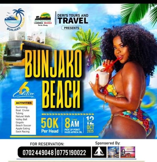 MuhamoodNsubug1's tweet photo. ⏳ Few days remaining to Bunjako Beach Vibes 🌊⛱️
📅 Date: 12th October 2025
🚐 Pickup: Africa Petroleum Station – Kazo
💸 Fee: 50K only
🚌 Powered by Deri’s Tours &amp; Travel ✨
🔥 Don’t miss the fun, it’s gonna be lit!" https://t.co/QlSqG6hzYq