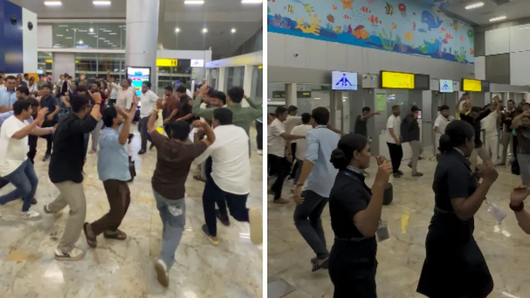 ndtv's tweet photo. Video: Flight To Surat Running Late, Passengers Perform Garba At Goa Airport https://t.co/8uhUbQCIj8 https://t.co/em1G2hkh2v