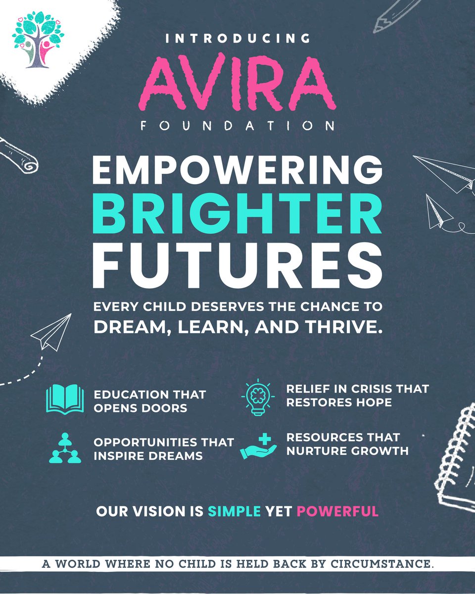 AviraFoundation's tweet photo. Every child deserves the chance to dream, learn &amp; thrive. 🌱
Avira Foundation, founded by Krithi Prasad and Aditi Kalyan, empowers brighter futures through education, opportunities &amp; hope. 💡✨

Let’s build a world where no child is held back by circumstance. 💪
#AviraFoundation https://t.co/maglNMbWqR