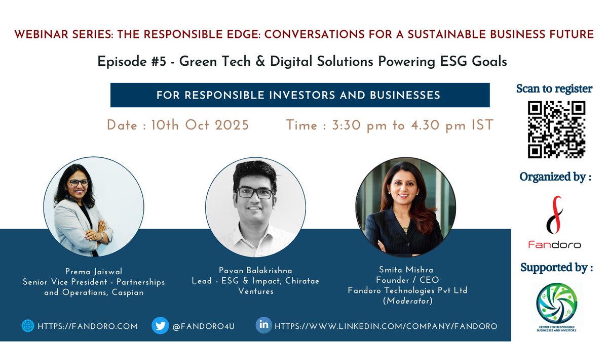 Fandoro4U's tweet image. Join Episode 5 of The #ResponsibleEdge to explore how #greentech and #digitalsolutions are driving #sustainability and advancing #ESGgoals. 
Register Here: forms.gle/jCjCPKgnNYXiAC…
#ClimateAction #ResponsibleInvesting #DigitalInnovation #SustainableGrowth #Innovation #Impact