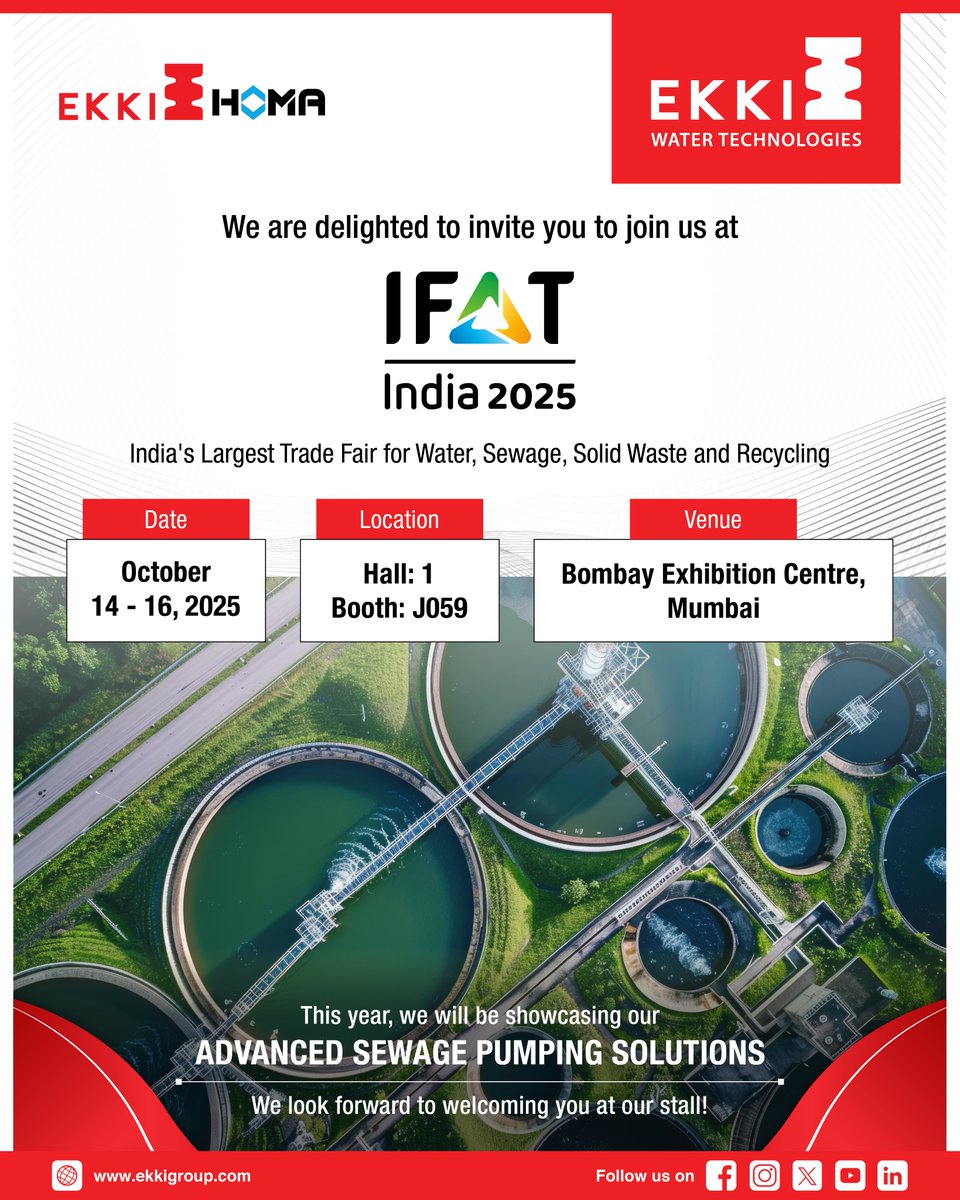 We are excited to be part of IFAT India 2025, the India’s largest trade fair for Water, Sewage, Solid Waste &amp; Recycling!

Visit us at Hall 1, Booth J059

14 - 16 October 2025 | Bombay Exhibition Center, Mumbai

We look forward to welcoming you!

#EKKI  #IFAT #IFAT2025 #IFATIndia