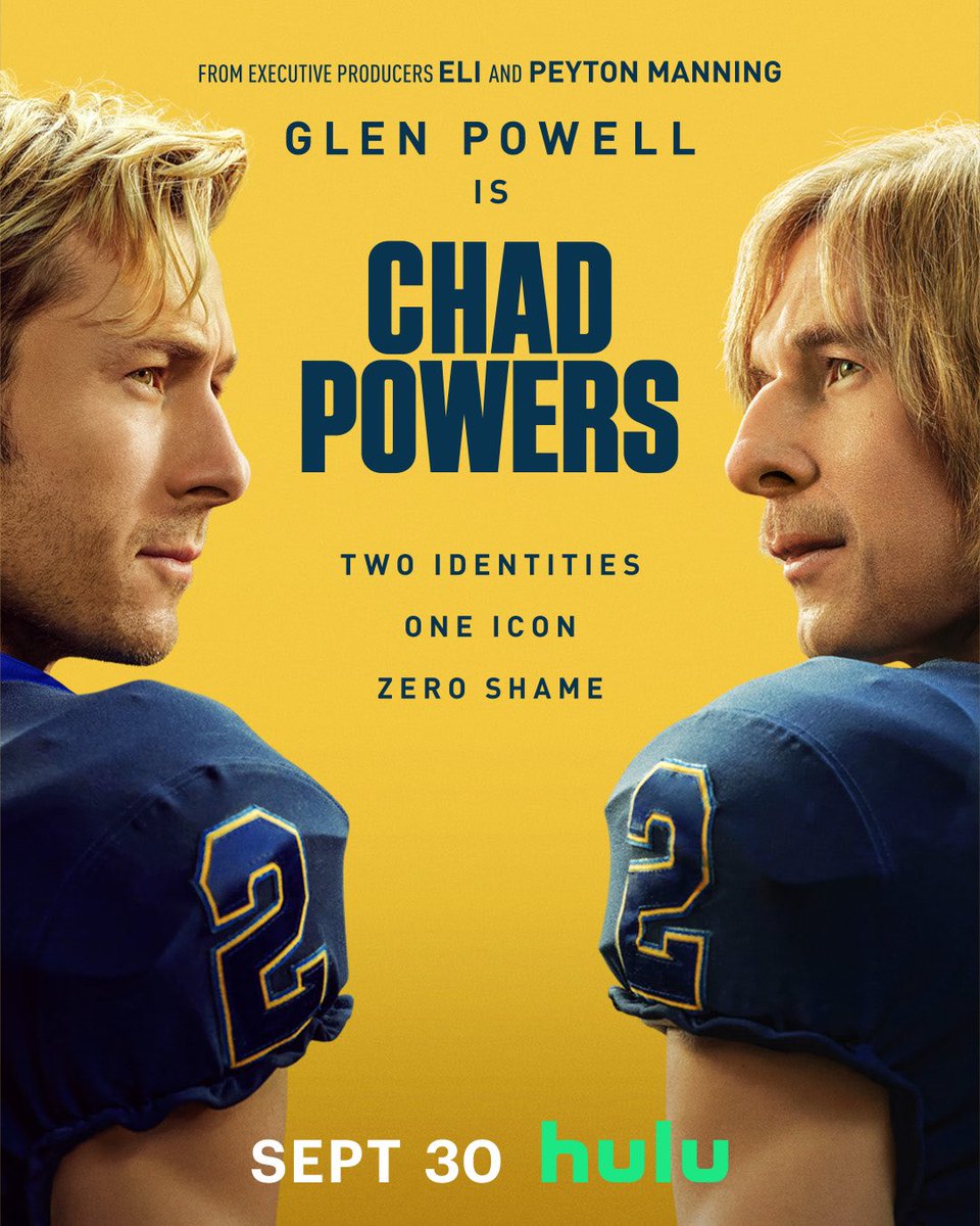 LifeIsAFilmFest's tweet photo. The first two episodes of Glen Powell and Michael Waldron’s comedy series CHAD POWERS starring Powell, Perry Mattfeld, Steve Zahn, Toby Huss, Clayne Crawford, and Quentin Plair are on Hulu in the US and on Disney+ internationally. https://t.co/yxtvqr2xY9