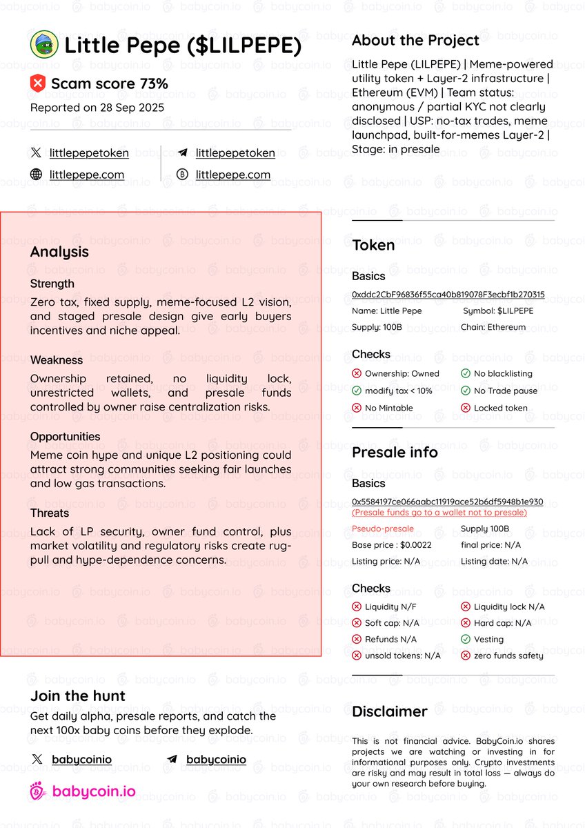 babycoinio's tweet photo. Little Pepe $LILPEPE Under the Scanner – Scam Alert! 🚨
Our  Analysis shows major red flags: ownership not renounced, no liquidity lock, unrestricted wallets, and presale funds controlled by the owner. Missing caps and refund options add to risks. 
Verdict: 🟥 SCAM PROJECT HIGH RISK (30 Sept 2025). Detail report: https://t.co/09qg7R8ivP 
#Crypto #ScamAlert #MemeCoin #TokenAnalysis #CryptoSecurity #PresaleCheck #DeFiRisks #Ethereum #CryptoSafety #InvestSmart