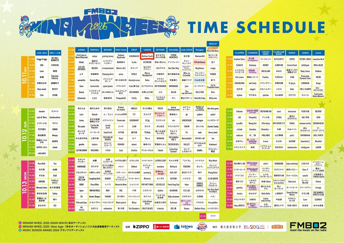 ▶︎▶︎▶︎ NEXT LIVE ◀︎◀︎◀︎

🗓️10/11〜13
『#FM802 MINAMI WHEEL 2025』
@大阪 ミナミ

◤￣￣￣￣￣￣￣￣￣￣￣￣◥
　　　Mellow Youthは
　　　🗓️10/11（sat）
　　　📍VARONにて
　　　⏰13:00〜
　　トップバッターで参上❤️‍🔥
◣＿＿＿＿＿＿＿＿＿＿＿＿◢

🐙お任せあれ🐙

🎫ticket