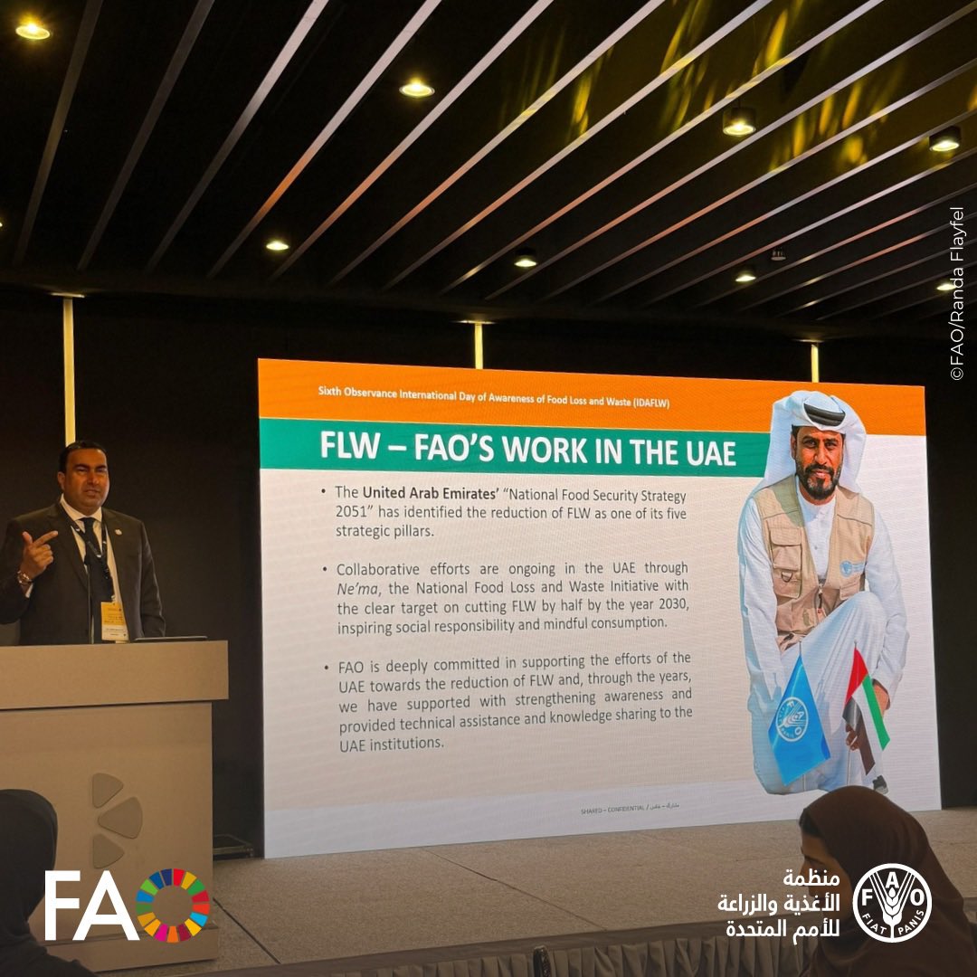 "من خلال مبادرات مثل "نعمة"، الهدف واضح: خفض الفاقد والهدر الغذائي بنسبة 50٪بحلول عام 2030.

وتُظهر الشراكات مثل منتدى اليوم الدولي للتوعية بالفاقد والمُهدَر من الأغذية مع <a href="/DMunicipality/">بلدية دبي | Dubai Municipality</a> تحول الأهداف العالمية لتأثير محلي ملموس."-أحمد مختار،قائم بأعمال ممثل الفاو في دولة الإمارات