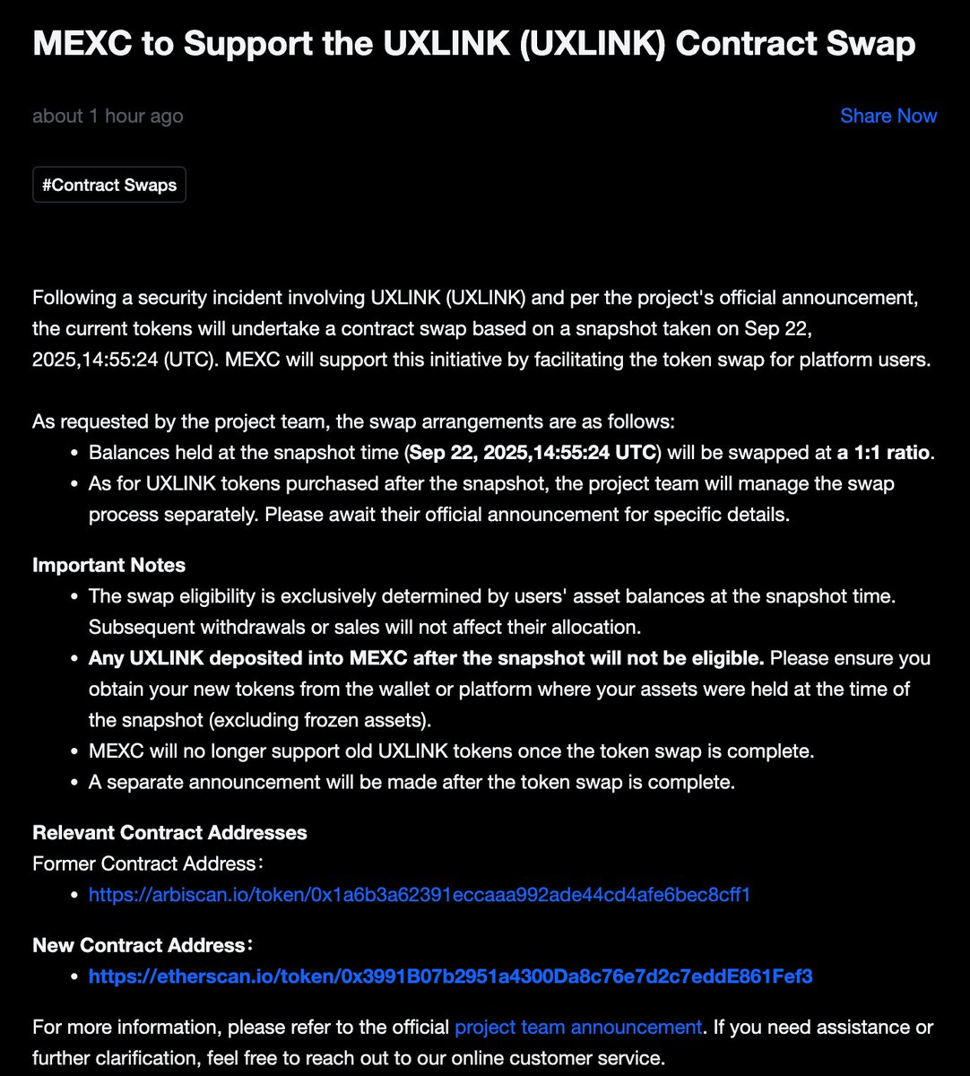 MEXC <a href="/MEXC_Official/">MEXC</a> has supported the UXLINK Contract Swap.
Huge thanks for the swift action and continuous support to our community! 🙌
mexc.com/announcements/… 
#Web3 #UXLINK #MEXC