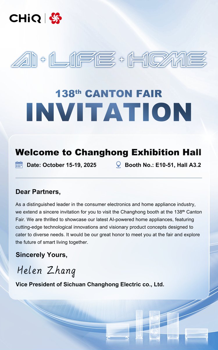 GlobalCHiQ's tweet image. 🌏 Canton Fair 2025, we are ready!
Join us in Guangzhou to experience our latest innovations in smart living and stylish design.
📅 Guangzhou | 15 to 19 October 2025
📍 Booth E10-51, Hall A3.2

#CHiQ #CantonFair2025 #SmartWithStyle