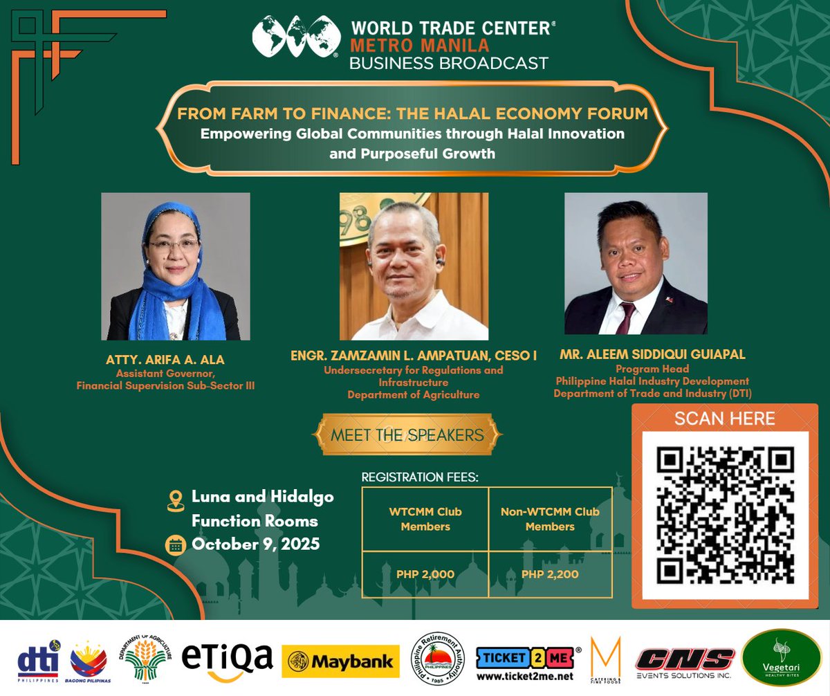 The path from farm to finance requires expert guidance. That's why we’re bringing together a powerful roster of speakers for the #Halal Economy Forum on October 9 at the World Trade Center Metro Manila. 💡 Come prepared to ask your questions and gain actionable insights! 💬#WTCMM