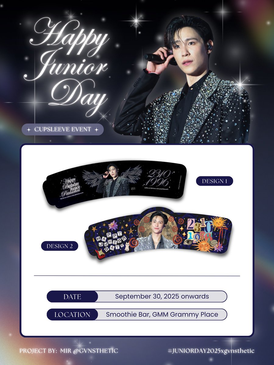 In celebration of Junior's 29th birthday, there will be a cupsleeve project and you may choose 1 design for every drink purchased. Available today until supplies last.

📍: Smoothie Bar, GMM Grammy Place
📆: September 30, 2025 onwards
— #JUNIORDAY2025xgvnsthetic

#จูเนียร์ปณชัย