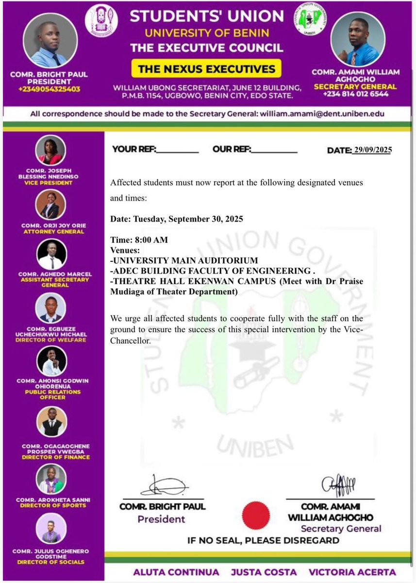 uniben_sug's tweet photo. URGENT NOTICE ON PAYMENT OF SCHOOL FEES AND ENROLLMENT OF NELFUND -Students' Union.
#unibenstudents https://t.co/hBLyQ5AakW