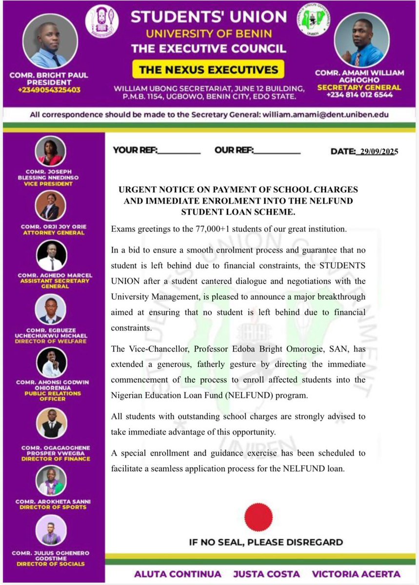 uniben_sug's tweet photo. URGENT NOTICE ON PAYMENT OF SCHOOL FEES AND ENROLLMENT OF NELFUND -Students' Union.
#unibenstudents https://t.co/hBLyQ5AakW