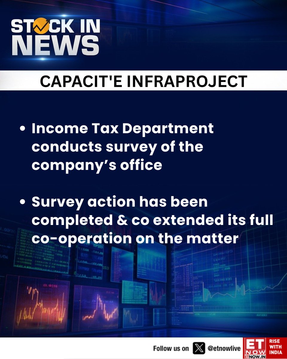 ETNOWlive's tweet photo. #StockInNews | Capacite Infraprojects: Income Tax Department conducts survey of the company’s office
#CapaciteInfraprojects #StockMarket #Incometax https://t.co/haWJgSeL3O