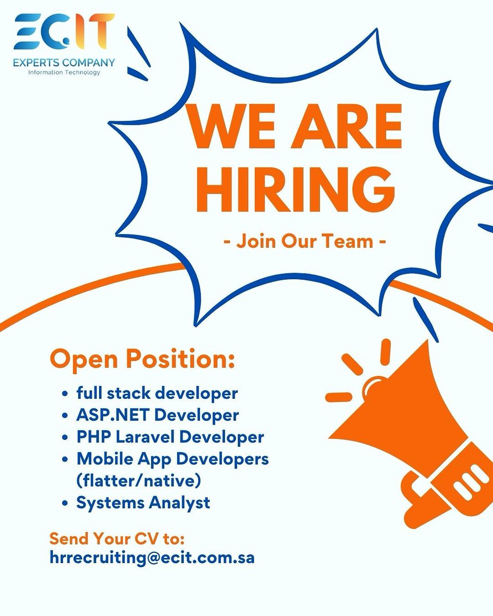 🚨 #وظائف | تعلن شركة خبراء تقنية المعلومات ECIT عن حاجتها إلى:
Full Stack Developer
ASP.NET Developer
PHP Laravel Developer
Mobile App Dev (Flutter/Native)
محللي نظم
📍الرياض
📧 hrrecruiting@ecit.com.sa
#وظائف_الرياض #ITJobs
