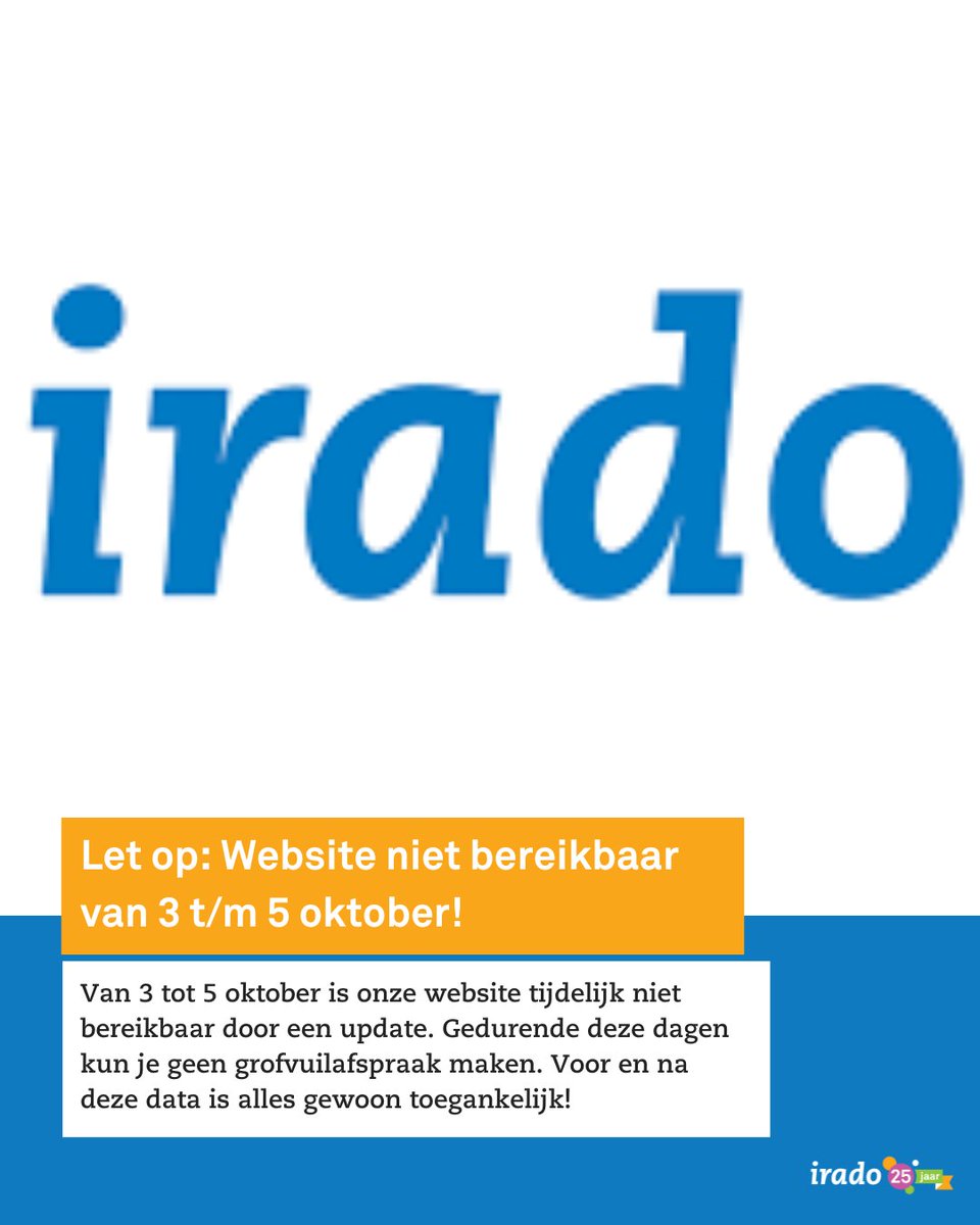 NV_Irado's tweet image. ⚠️ Let op! Onze website is van 3 t/m 5 oktober tijdelijk niet bereikbaar vanwege een update. Gedurende deze dagen kun je geen grofvuilafspraak maken.  📅
#Irado #WebsiteUpdate #GrofvuilAfspraak #Schiedam #Capelle #Vlaardingen #Afvalbeheer #DuurzaamLeven #Afval