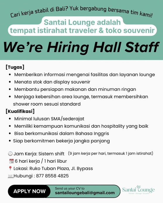 byulroo4825's tweet photo. #infoloker hi guys ada info loker di bali untuk hall staff lounge, preferably yang bisa bahasa korea daily conversation 😊 thank youu https://t.co/rqb2UiT9ju