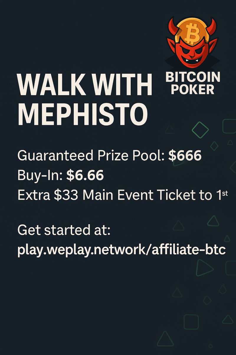 xBitcoinPoker's tweet photo. You vs. Mephisto 😈
Entry: $0.66
Top prize: $666
Moral cost: Probably your soul
🔥 Bonus chips if you register early
🎯 $75K Bad Beat Jackpot still haunting tables
🃏 Sunday Main &amp; Weekly Highroller also live
 📅 Starts: Monday at 17:00 UTC
▶️ https://t.co/6KrO0htqis

#INDvPAK https://t.co/N9Sdw9FczP