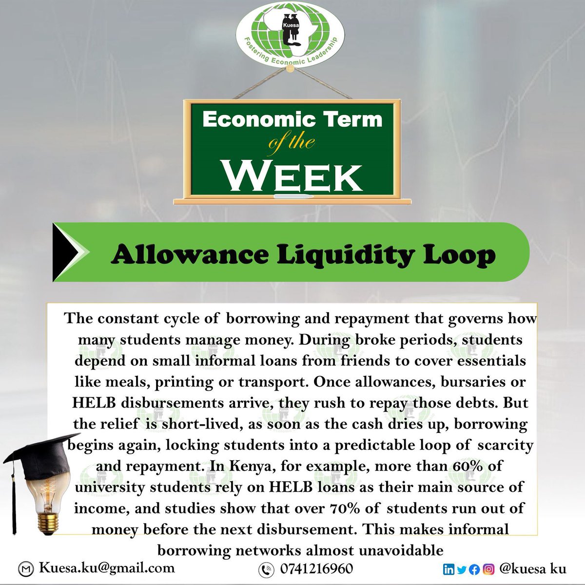 *ECONOMIC TERM OF THE WEEK*

*ALLOWANCE LIQUIDITY LOOP*

📍Many campus students are trapped in a cycle of borrowing and repaying, waiting on allowances just to break even. 

📍The Allowance Liquidity Loop highlights the financial struggles students face every semester. 

#KUESA