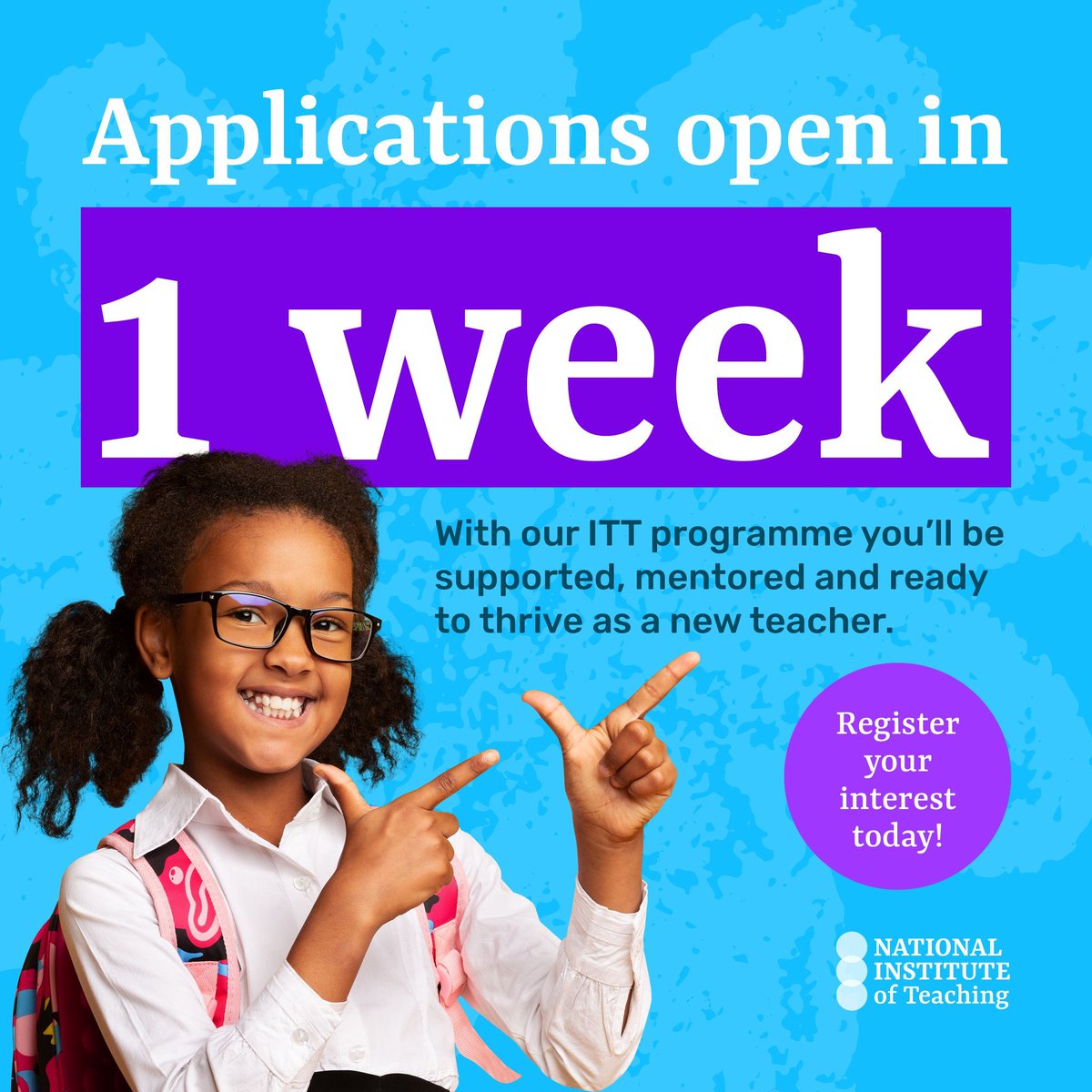 NatInstTeaching's tweet image. ⏳ Only 1 week to go!

Applications for Initial Teacher Training open in just 7 days, and now’s the perfect time to prepare.

By registering your interest today, you’ll get:
✔️ Guidance on the application process
✔️ Help checking your eligibility
✔️ Information on the different…