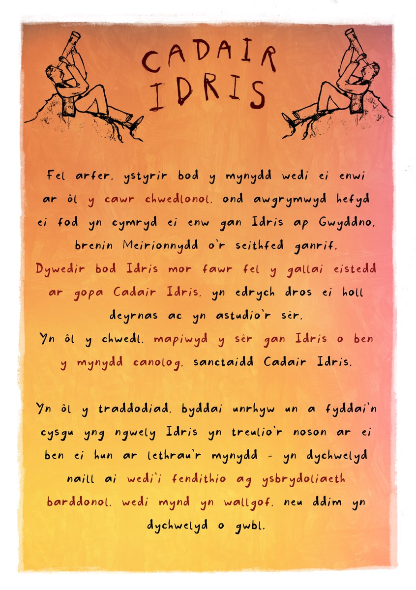 Gall enw lle adrodd cyfrolau ✨
 
Mae cynllun newydd ar waith i warchod enwau Cymraeg - o fynyddoedd chwedlonol i strydoedd lleol.
 
Er mwyn cadw straeon fel stori Cadair Idris yn fyw ar gyfer cenedlaethau'r dyfodol.
 
Gwaith celf gan <a href="/SketchyWelsh/">Sketchy Welsh</a>