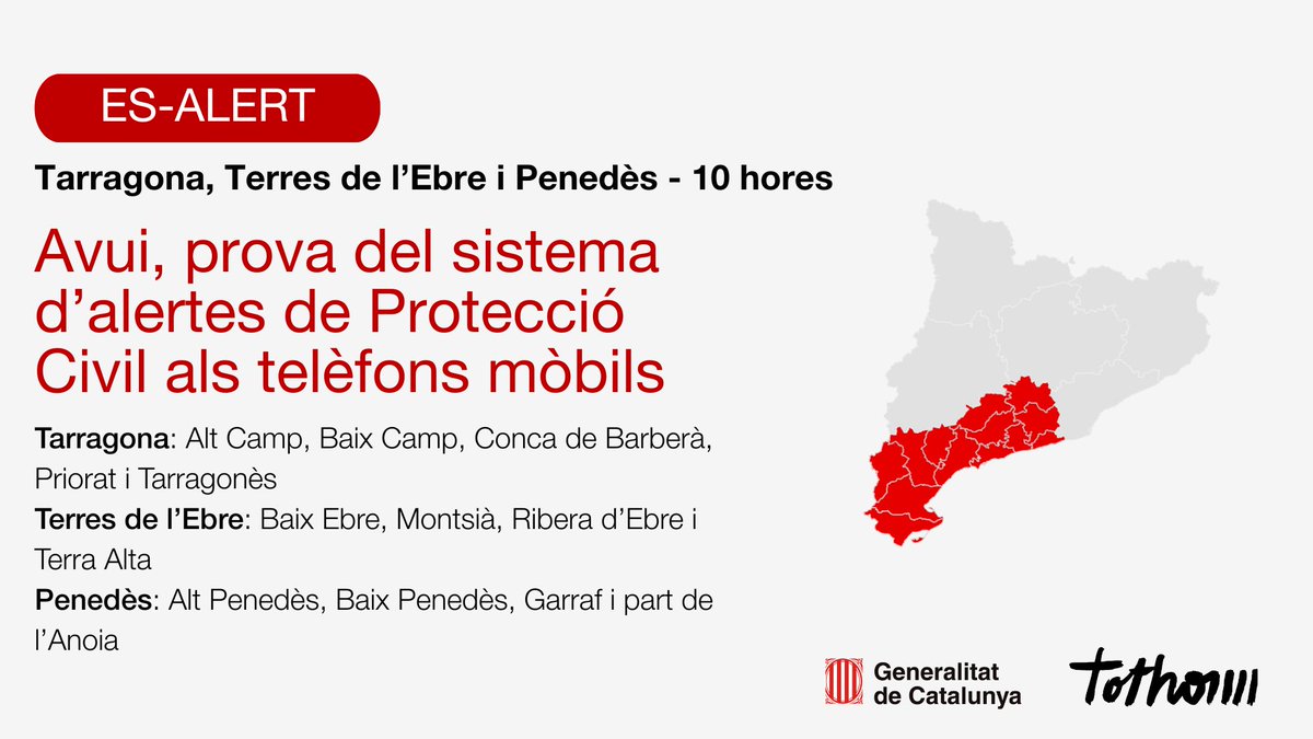 📲 Avui dimarts, prova del sistema d'alertes de #ProteccióCivil als telèfons mòbils

🕙 10 hores

Comarques Tarragona, Terres de l'Ebre i Penedès