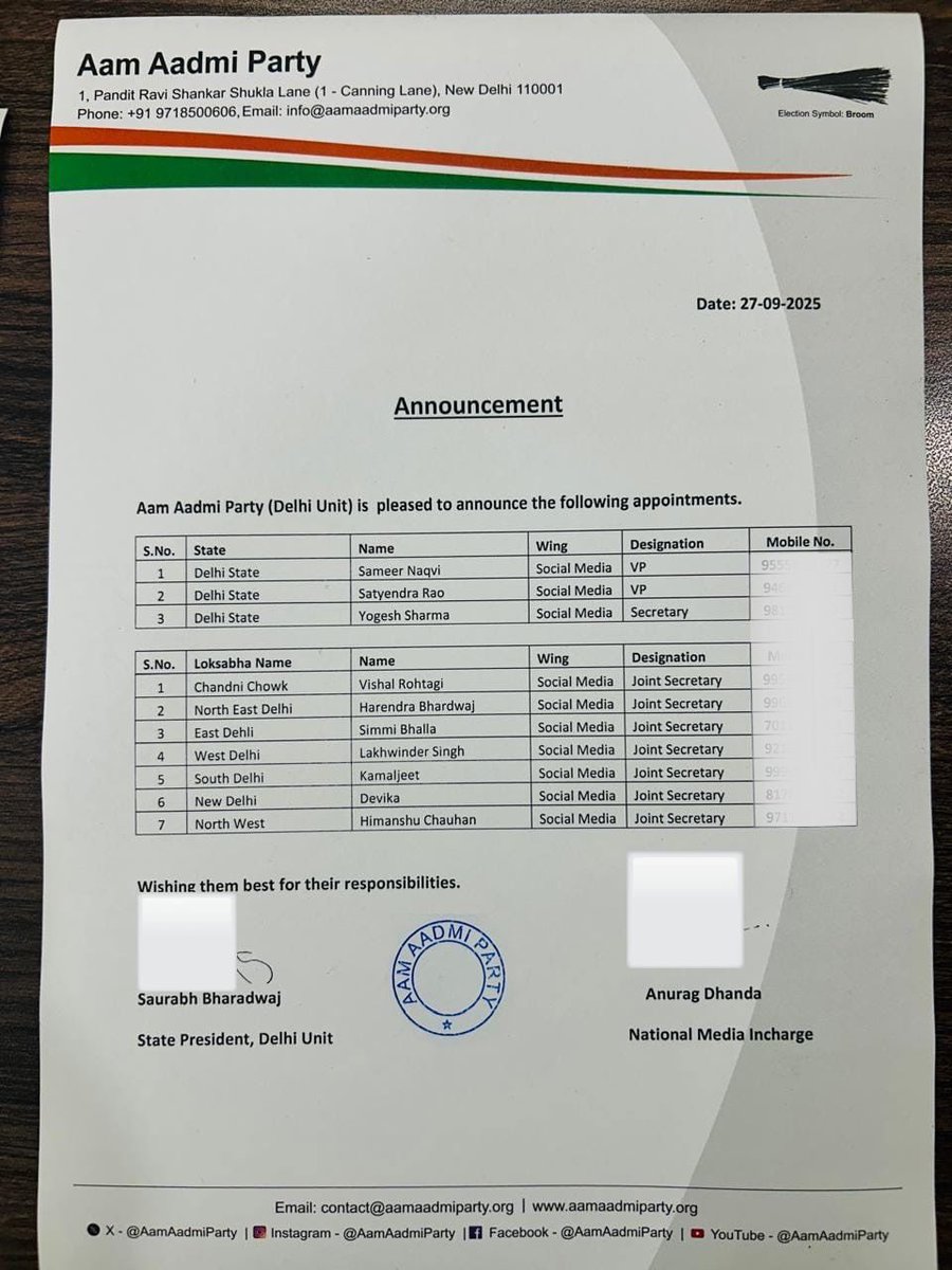 AamAadmiParty's tweet image. Announcement 🚨

Aam Aadmi Party, Delhi is pleased to announce the following appointments👇