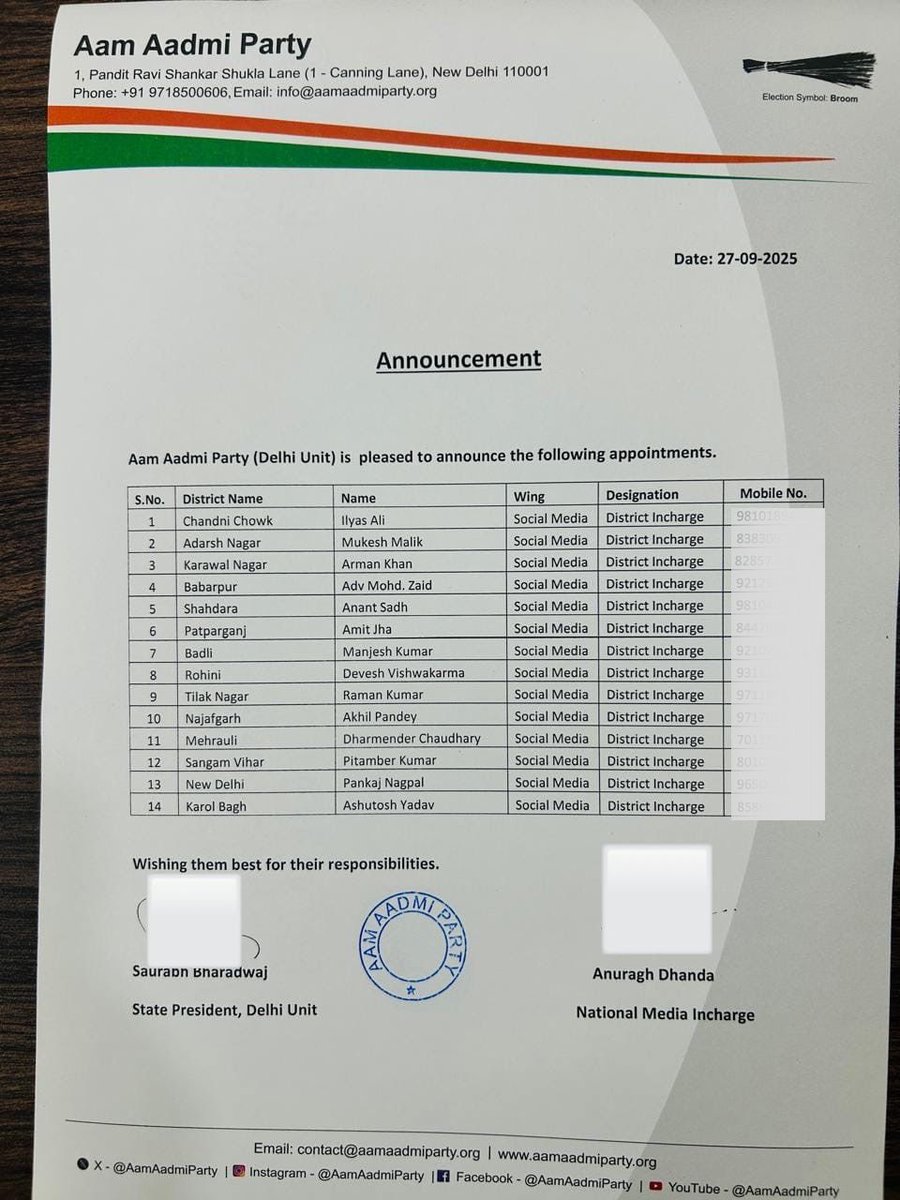 AamAadmiParty's tweet image. Announcement 🚨

Aam Aadmi Party, Delhi is pleased to announce the following appointments👇