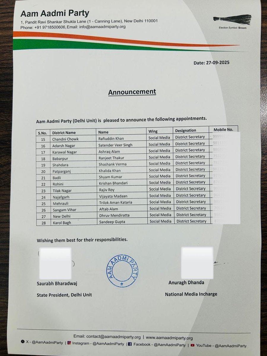 AamAadmiParty's tweet image. Announcement 🚨

Aam Aadmi Party, Delhi is pleased to announce the following appointments👇