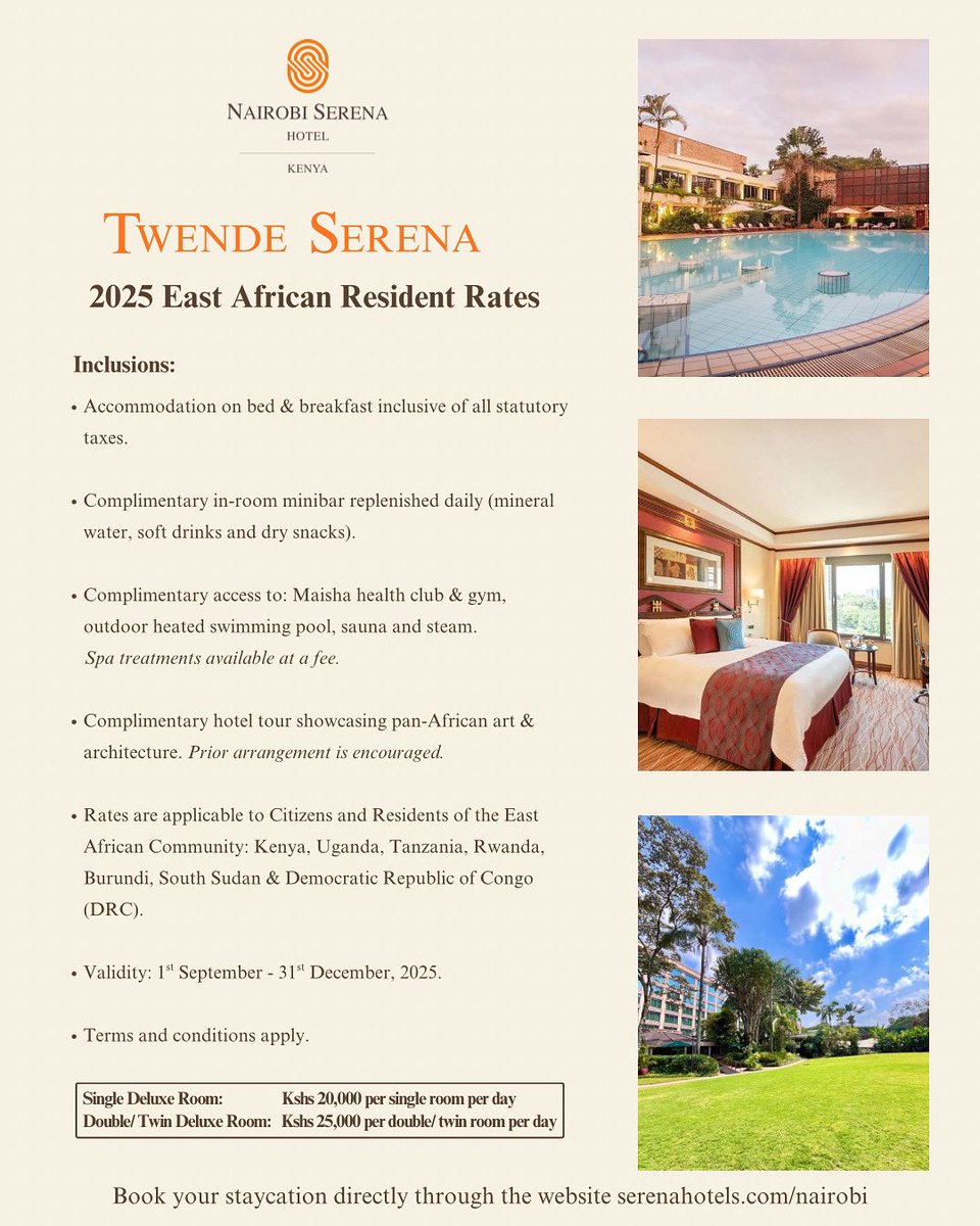 Validity: 1st September – 31st December 2025.

Follow this link to book: tinyurl.com/u25daaar

#NairobiSerenaHotel #TwendeSerena