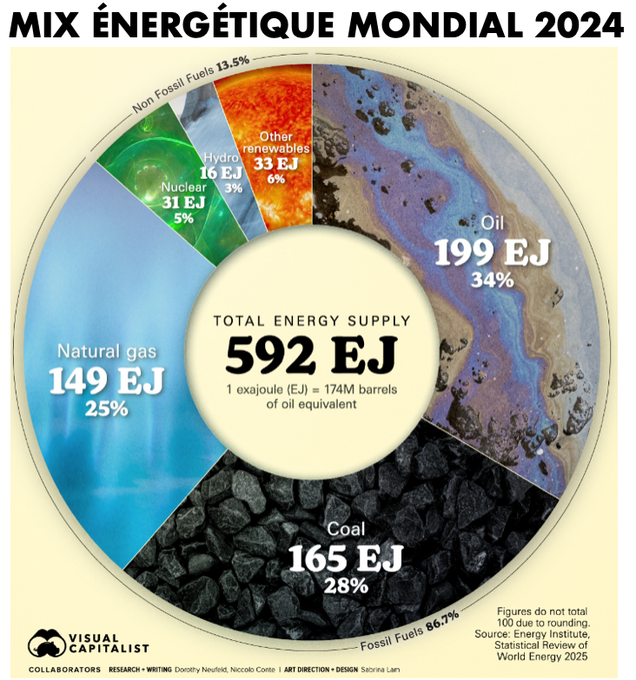 A circular chart titled "MIX ÉNERGÉTIQUE MONDIAL 2024" displaying global energy supply. The chart shows total energy supply as 592 EJ, with oil at 199 EJ (34%), coal at 165 EJ (28%), natural gas at 149 EJ (25%), non-fossil fuels at 79 EJ (13.5%), including hydropower at 33 EJ (5.7%), other renewables at 6 EJ (1%), and nuclear at 31 EJ (5.3%). A watermark from Visual Capitalist is present.