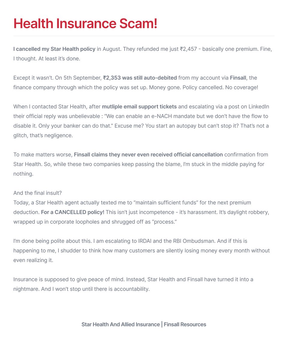 suryanarayankv's tweet image. Cancelled my @StarHealthIns Health policy. Got a token refund ₹2,457. Yet ₹2,353 still auto-debited monthly via @Finsall_ . 

No coverage. No cancellation confirmation. And their agent still asks me to “maintain funds” for next premium. This is robbery. @irdaindia @RBI