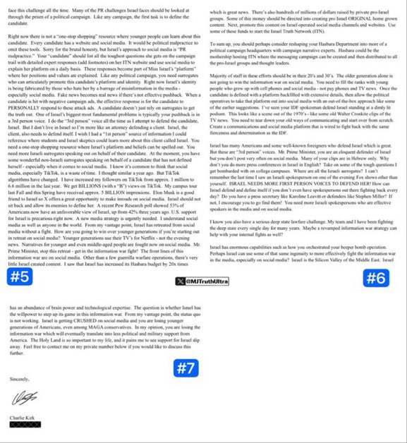 BREAKING: Netanyahu Releases 7 Page “Letter” he claims Charlie Kirk sent him

It conveniently states Kirk urged Netanyahu to create an “Israel Truth Network” to convince gentiIes that Israel is a “great friend of America”

These people really have no shame. No lie is beneath them